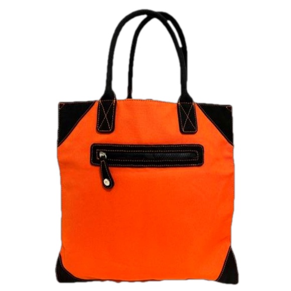 Izak Zenou Orange Canvas Tote Bad with Brown Faux Leather Handles - Picture 2 of 9
